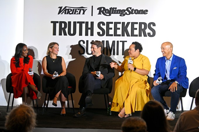 NEW YORK, NEW YORK - AUGUST 15: (L-R) Abby Phillip, Katy Tur, Tony Dokoupil, Yamiche Alcindor and Geoff Bennett speak onstage during the Variety and Rolling Stone Truth Seekers Summit presented by Paramount + at Second on August 15, 2024 in New York City.  (Photo by Bryan Bedder/Variety via Getty Images)