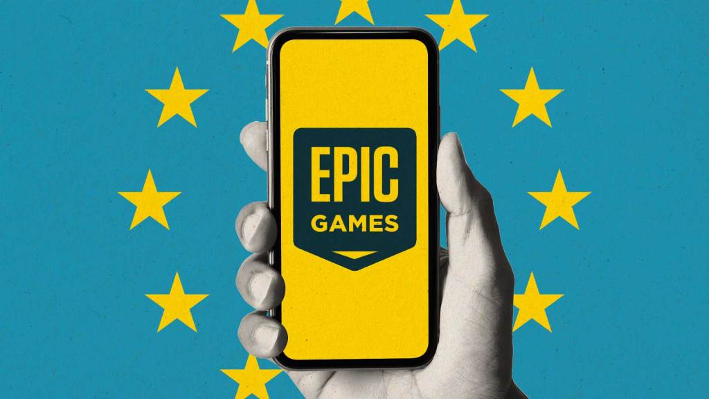 Illustration of a hand holding an iPhone with the Epic Games logo on the screen