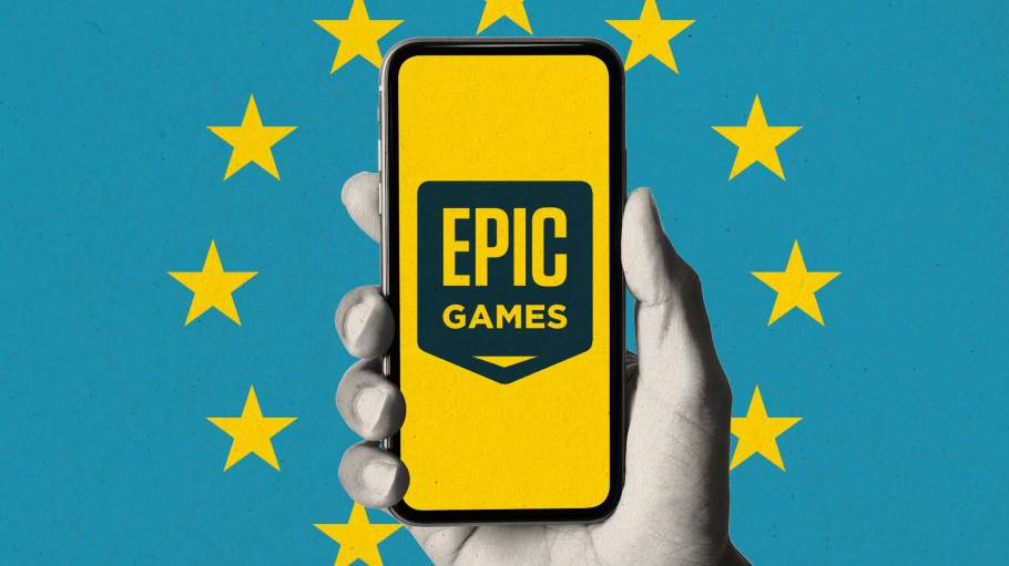 Illustration of a hand holding an iPhone with the Epic Games logo on the screen