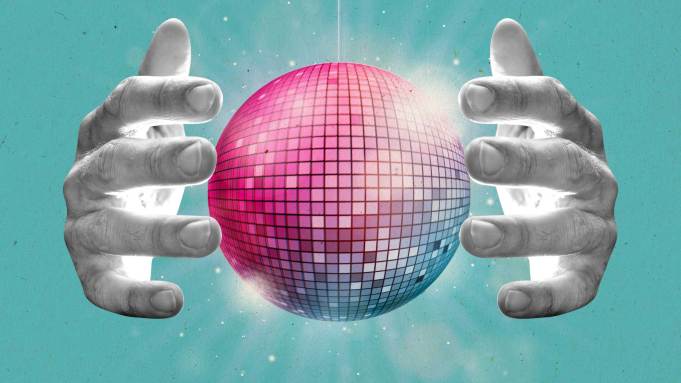 Photo illustration of a disco ball being used as a crystal ball