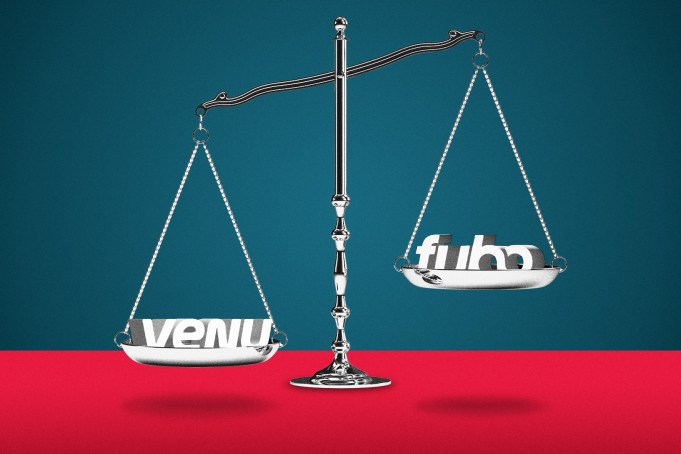 The Venu logo and Fubo logo tipping on a scale