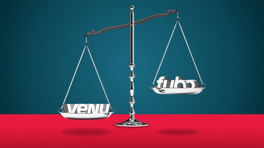 The Venu logo and Fubo logo tipping on a scale