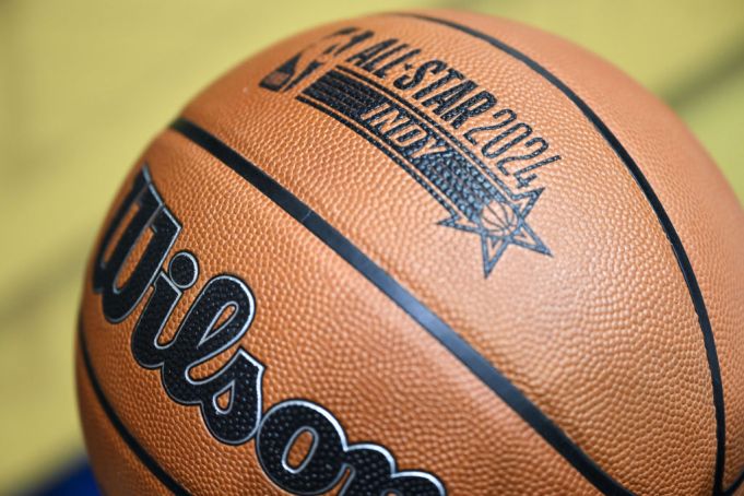 INDIANAPOLIS, UNITED STATES - FEBRUARY 15: 2024 Basketball ball is introduced besides the LED court and jerseys to be used for events at Lucas Oil Stadium which is introduced within the 2024 NBA All-Star Game weekend organization held in Indianapolis, United States on February 15, 2024. (Photo by Fatih Aktas/Anadolu via Getty Images)