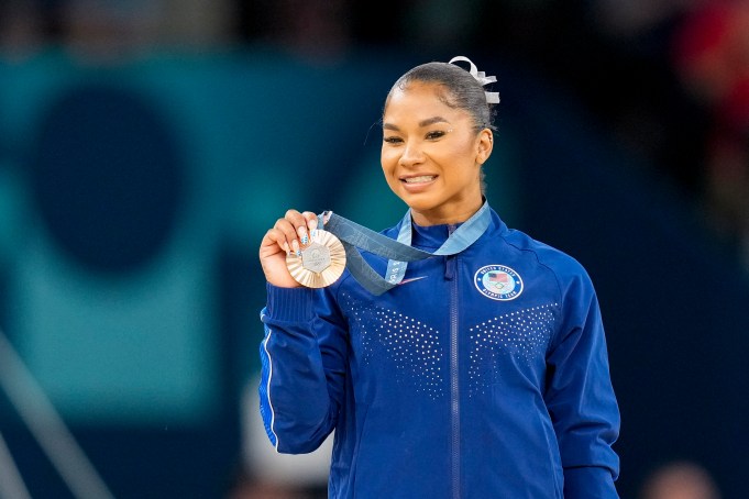 Jordan Chiles of USA celebrates during the Women's Artistic Gymnastics Floor Exercise Final medal ceremony on Day 10 of the Olympic Games Paris 2024 at Bercy Arena on August 5, 2024 in Paris, France. (Photo by Alex Gottschalk/DeFodi Images via Getty Images)