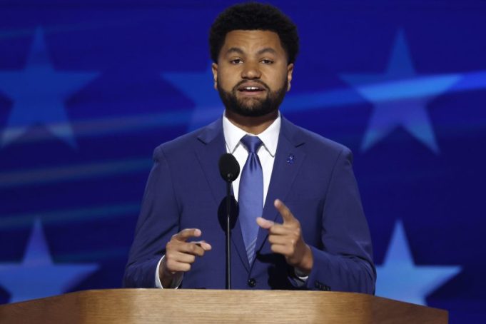 CHICAGO, ILLINOIS - AUGUST 22: U.S. Rep. Maxwell Frost (D-FL) speaks on stage during the final day of the Democratic National Convention at the United Center on August 22, 2024 in Chicago, Illinois. Delegates, politicians, and Democratic Party supporters are gathering in Chicago, as current Vice President Kamala Harris is named her party's presidential nominee. The DNC takes place from August 19-22. (Photo by Chip Somodevilla/Getty Images)