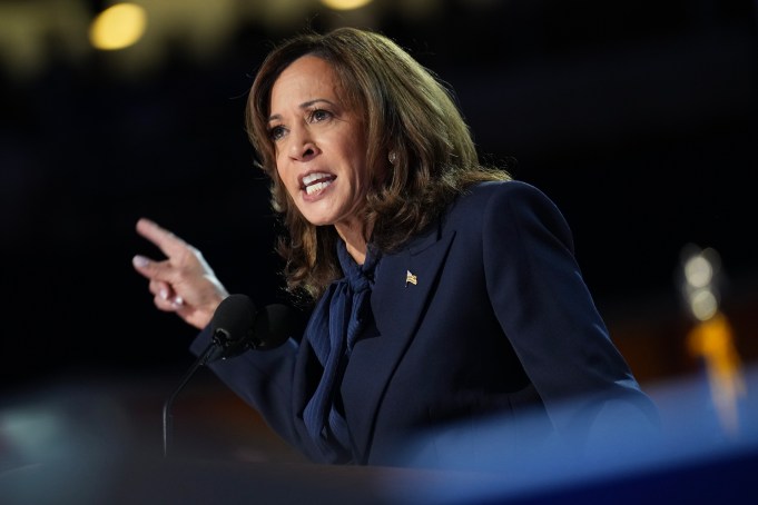 CHICAGO, ILLINOIS - AUGUST 22: Democratic presidential candidate, U.S. Vice President Kamala Harris speaks on stage during the final day of the Democratic National Convention at the United Center on August 22, 2024 in Chicago, Illinois. Delegates, politicians, and Democratic Party supporters are gathering in Chicago, as current Vice President Kamala Harris is named her party's presidential nominee. The DNC takes place from August 19-22. (Photo by Andrew Harnik/Getty Images)