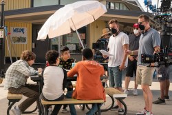 Incoming. (L-R) Mason Thames, Raphael Alejandro, Bardia Seiri, Ramon Reed, Writer/Director John Chernin and Writer/Director Dave Chernin on the set of Incoming. Cr. Spyglass Media Group, LLC and Artists Road, LLC/Courtesy of Netflix