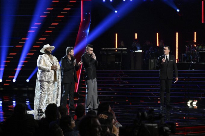 THE VOICE -- "	Live Finale Part 2 Episode 2517B -- Pictured: (l-r) Asher HaVon, Josh Sanders, Bryan Olesen, Carson Daly -- (Photo by: Griffin Nagel/NBC)