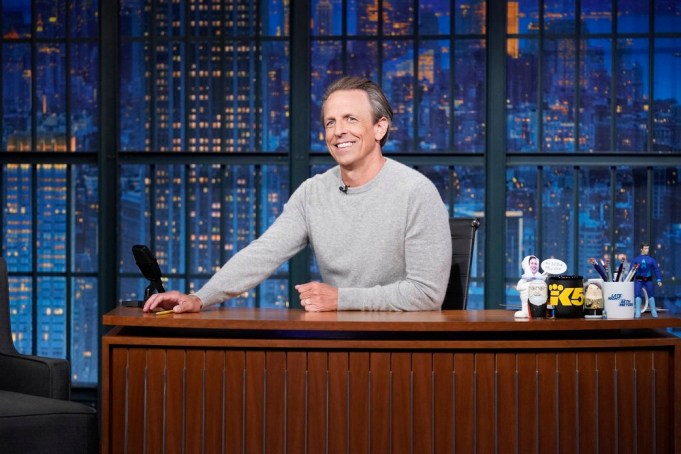 LATE NIGHT WITH SETH MEYERS -- Episode 1545 -- Pictured: Host Seth Meyers during the monologue on August 13, 2024 -- (Photo by: Lloyd Bishop/NBC)