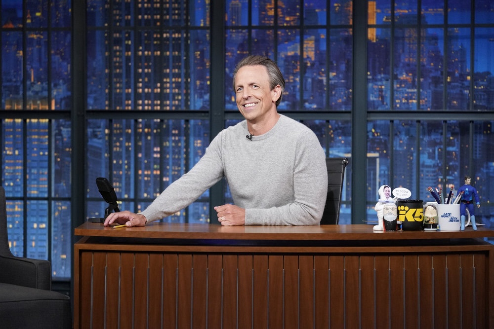 LATE NIGHT WITH SETH MEYERS -- Episode 1545 -- Pictured: Host Seth Meyers during the monologue on August 13, 2024 -- (Photo by: Lloyd Bishop/NBC)