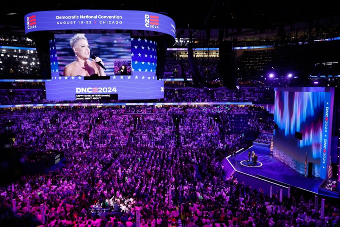 CHICAGO, ILLINOIS - AUGUST 22: Musician P!NK performs during the final day of the Democratic National Convention at the United Center on August 22, 2024 in Chicago, Illinois. Delegates, politicians, and Democratic Party supporters are gathering in Chicago, as current Vice President Kamala Harris is named her party's presidential nominee. The DNC takes place from August 19-22. (Photo by Chip Somodevilla/Getty Images)